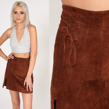 Brown Suede Skirt 80s Leather Mini Skirt Lace Up Boho Hippie High Waisted Bohemian Retro Vintage Corset Festival Extra Small xs 