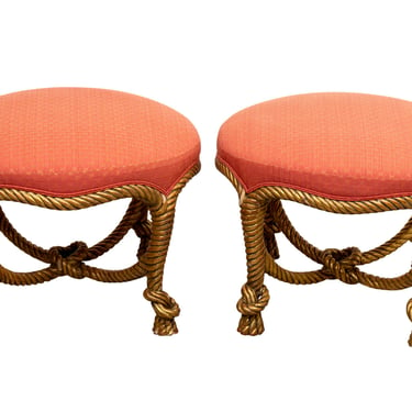 Pair Carved Gilt Rope Ottomans
