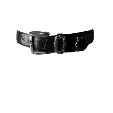 Vintage Brighton Black Leather Embossed Belt, 24-28 