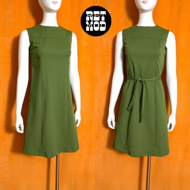 Cute Vintage 60s 70s Moss Green Sleeveless Polyester Day Dress 
