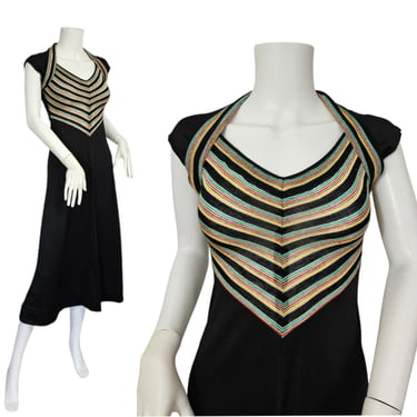 1970's Black Poly  Chevron Stripe Disco Dress I  Sz Sm I Trolley Car I Open Back 