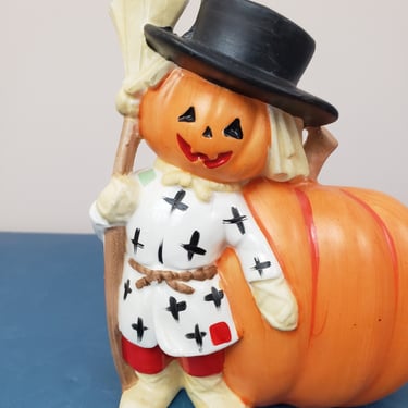 Vintage 1950's Halloween Planter / 60s Pumpkin Scarecrow Kitch Knick Knack Ceramic 
