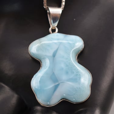 Big 90's larimar sterling bear silhouette pendant, abstract 925 silver blue stone teddy outline necklace 