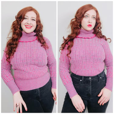 1970s Vintage Sears Jr Pink Space Dye Knit Sweater / 70s / Seventies Lettuce Edge Turtleneck Marled Jumper / Size Large 
