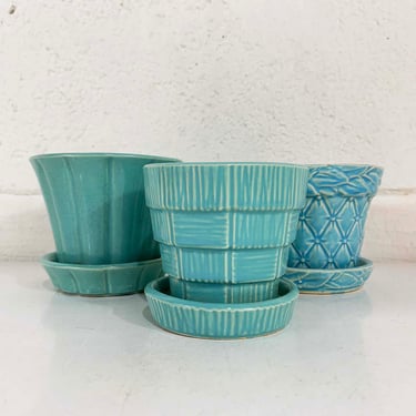 Vintage Blue McCoy Planters Set of 3 Small Ceramic Pottery Mini Pots Mid-Century Teal Turquoise USA 1950s 