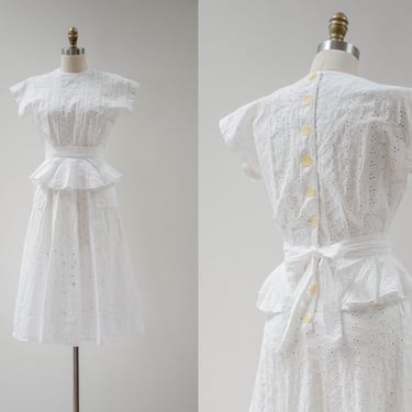 white eyelet lace dress | 30s 40s vintage embroidered cotton peplum short sleeve cottagecore sun dress 
