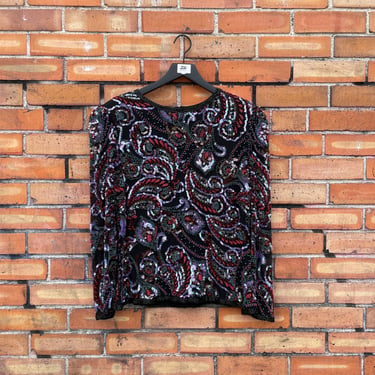 vintage 90s black oleg cassini beaded silk evening blouse / m l medium large 