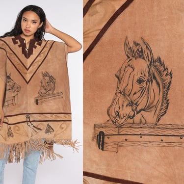 Western Horse Poncho Brown Suede Cape Leather Cape Coat 70s Jacket Vintage 1970s Fringe Poncho Brown Rodeo Cowboy Small Medium Large 