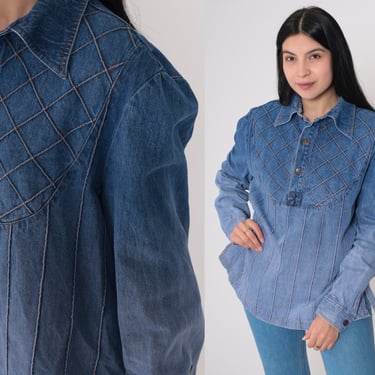 70s Denim Shirt Gradient Blue Jean Button Up Shirt Checkered Striped Topstitch Collared Top Retro Long Sleeve Seventies Vintage 1970s Large 