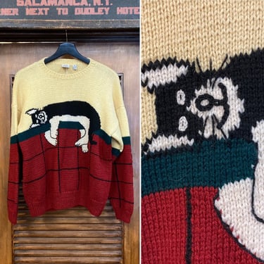 Vintage 1980’s “J.G. Hook” Label Cartoon Cat Hand Knit Sweater, 80’s Sweater, 80’s Cat Sweater, 80’s Novelty, 80’s Knit, Vintage Clothing 