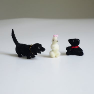 Tiny Vintage Doxie, Poodle and Bear, 1:12 Flocked Miniatures, Dollhouse Pets 