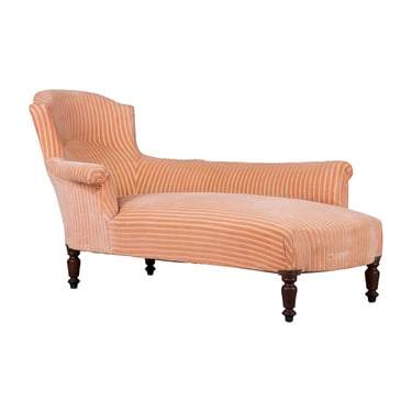 Antique French Napoleon III Style Walnut Chaise Lounge W/ Striped Apricot Velvet 