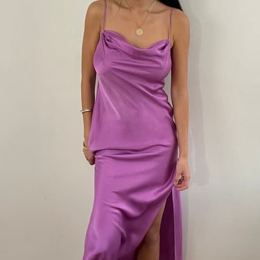 90s draped silk slip dress / vintage violet liquid silk charmeuse backless bias cut cowl draped neck maxi slip dress | Medium 