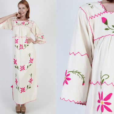 Off White Mexican Kaftan Dress, South American Cotton Caftan, Hand Embroidered Floral Dress, Vintage Ethnic Bell Sleeve Maxi 