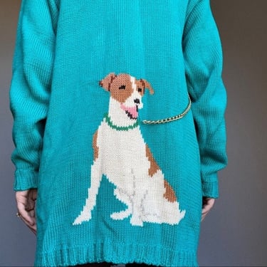 Vintage Women’s 80s Mabels Unique Blue Dog Novelty Cotton Sweater Cardigan Sz XL 