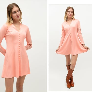 Vintage 1960s 60s Coral Salmon Pink Edith Flagg Button Up Micro Mini Long Sleeve Dress 