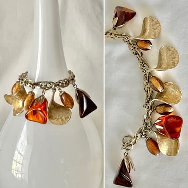 Vintage Dangle Charm Statement Bracelet Chunky Beads, Lucite, Gold-Tone 