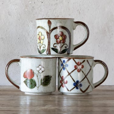 Set of THREE Otagiri Stoneware Mugs, Assortment of Complimentary Coffee Cups, Vintage Mug Set 
