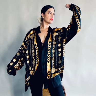 Vintage 90s Baroque Versace Like Silk Button Up Shirt 