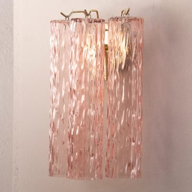 Applique con vetri di Murano colore rosa Made in Italy, lampada vintage da muro con 3 tubi corteccia 