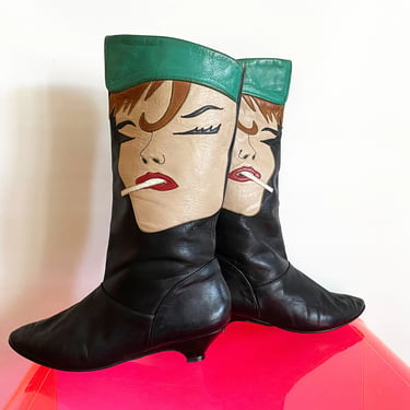 Vintage 80s Smoking Lady Boots • 1980s Punk Rock Lady Face Cigarette Leather Pixie Booties New Wave Madonna Blondie • 7 or 7.5 • L J Simone 
