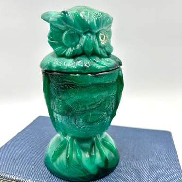 Vintage Imperial Glass Green Slag Glass Owl Jar, Swirl, Swirled, Dish, Lid, Vintage Glassware Figure Figurine 