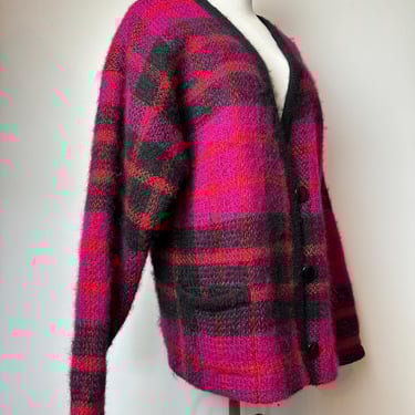 Vtg 1980’s 90’s trend~ fuzzy mohair blend Plaid cardigan ~ Bright pink with black~ sweater with pockets~ oversized boxy knit~ size Med 