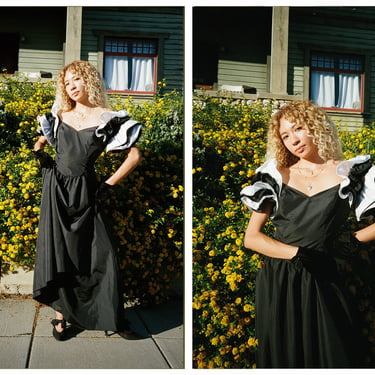 Vintage 1980s 80s Jet Black Full Length Theatrical Gown w/ Huge Structured Puff Contrast Sleeves 