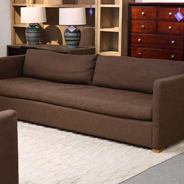 RH Shelter Arm Bench Seat 9' Sofa in Brown Belgian Linen