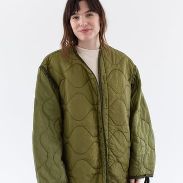 Vintage Green Liner Jacket | Unisex Two Tone Wavy Quilted Nylon Coat | XL | LI266 