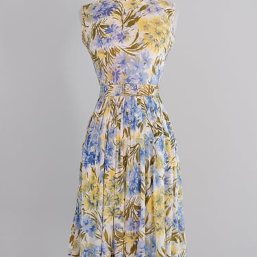 Vintage 1960's Blue & Yellow Daisy Bouquet Summer Dress / XS