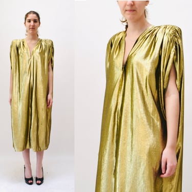 Vintage 80s Glam Gold Party Dress Medium Gold 80s Party Disco Gold Wedding Dress Metallic Silk 80s Gold Metallic Lame Draped Dress Criscione 