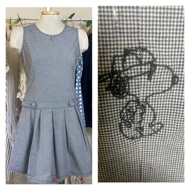 Vintage 1980s Black White Grey Plaid Cotton Dress - Mod Pleated A-line Dress Embroidery Snoopy Peanuts 