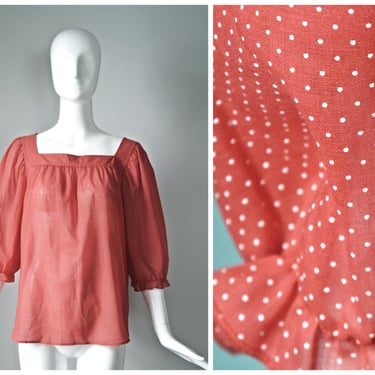 vtg 1980s Ship n' Shore Collectibles red and white polka dot prairie square neck blouse | 80s short gathered puff sleeves | size 16 peasant 