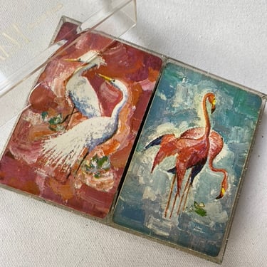 Vintage MCM Modernist Birds Playing Cards, Flamingos, Snowy Egrets, Tropical Birds, Abstract, Stardust, Plastic Coated Card Decks, No Jokers 