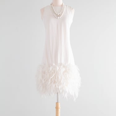 FANTASTIC 1960's White Feather Trimmed Cocktail Dress By Joan Leslie / SM