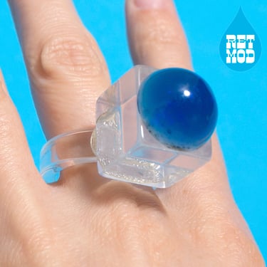 ICONIC Vintage Clear Lucite Statement Cube Ring with Blue Circle 