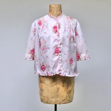 Vintage Mid-Century Pink Floral Nylon Bed Jacket, Romantic 50s 60s Boudoir Loungewear, Volup Maternity Wear, X Large 46