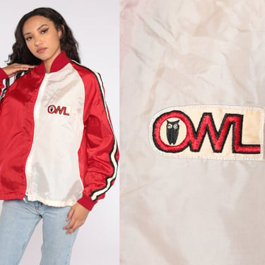 Red Windbreaker Jacket 70s OWL Patch Zip Up Color Block Lightweight Jacket Retro Nylon Vintage Lightweight Shell Large Extra Large L XL 