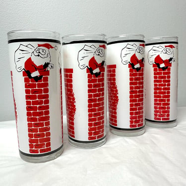 Vintage Christmas Glassware ~Set of 4 tall holiday print MCM glasses~ kitschy high ball~ Santa Chimney scene~ festive cocktail barware 