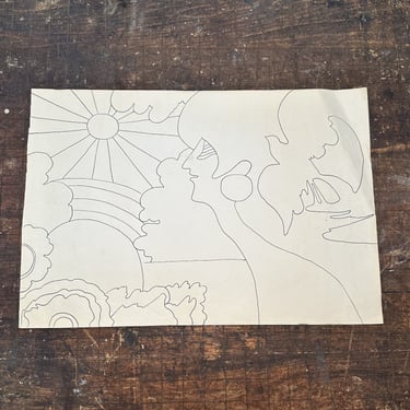 1970s Psychedelic Drawing of Woman Staring at Beaming Sun  - Vintage Counter Culture -Unsigned - Peter Max Style - Rare Underground Artwork 