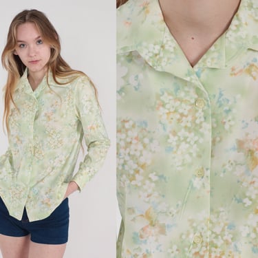 Green Floral Blouse 70s Button Up Top Dagger Collar Bohemian Long Sleeve Collared Shirt Watercolor Flower Print Vintage 1970s Small Medium 
