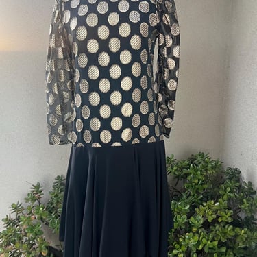 Vintage glam black chiffon dress gold metallic polka dots Sz M Simon Sez. 