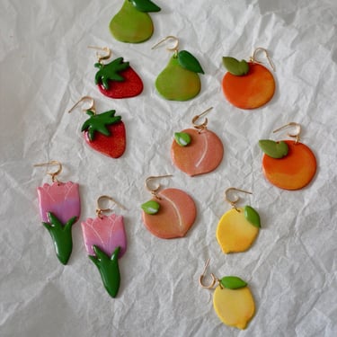 Fruit Dangle Earrings / Colorful Charm Statement Earrings / Polymer Clay and Resin 