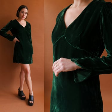 Vintage 60s Green Velvet Mini Dress/ 1960s 1970s Long Sleeve Holiday Dress/ Size Medium 