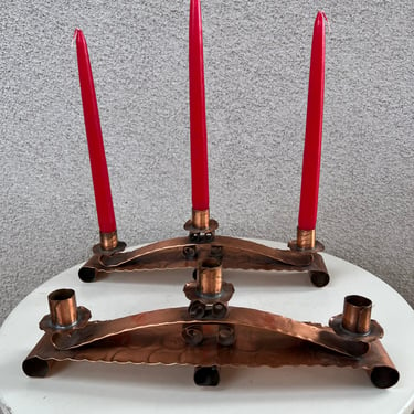 Vintage set 2 Spanish Revival copper hammered candle holders candelabra size 12.5” x 3” x 4 1/4” 