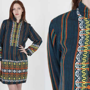 Womens Guatemalan Aztec Print Dress / Zig Zag Geometric Shift Dress / Striped Mexican Tribal Graphic Dress / Womens Zip Up Ethnic Outfit 