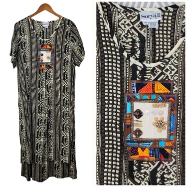 Vintage Shirt Dress Plus size 1X Midi Long Tribal Layered Embellished African 