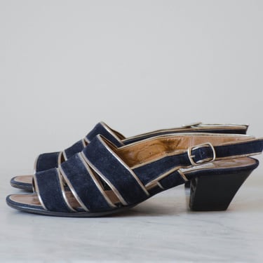 navy blue gold suede sandals | 70s vintage Italian designer LORBAC strappy leather slingback angled heel shoes size 8.5-9 