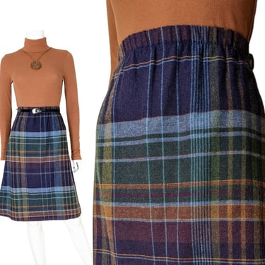 Vintage Plaid Skirt, Small Medium / Purple Plaid Knee Length Skirt / Woven Wool Blend A Line Skirt with Elastic Waist / Retro 70s Officewear 